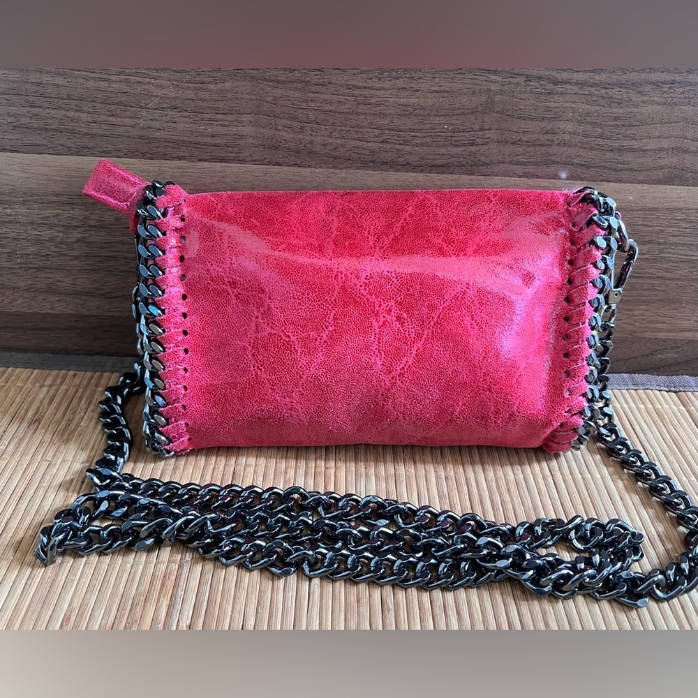 Borse In Pelle Red/Pink Leather Shoulder Crossbody Bag Chain Strap Italy Made - Picture 2 of 8